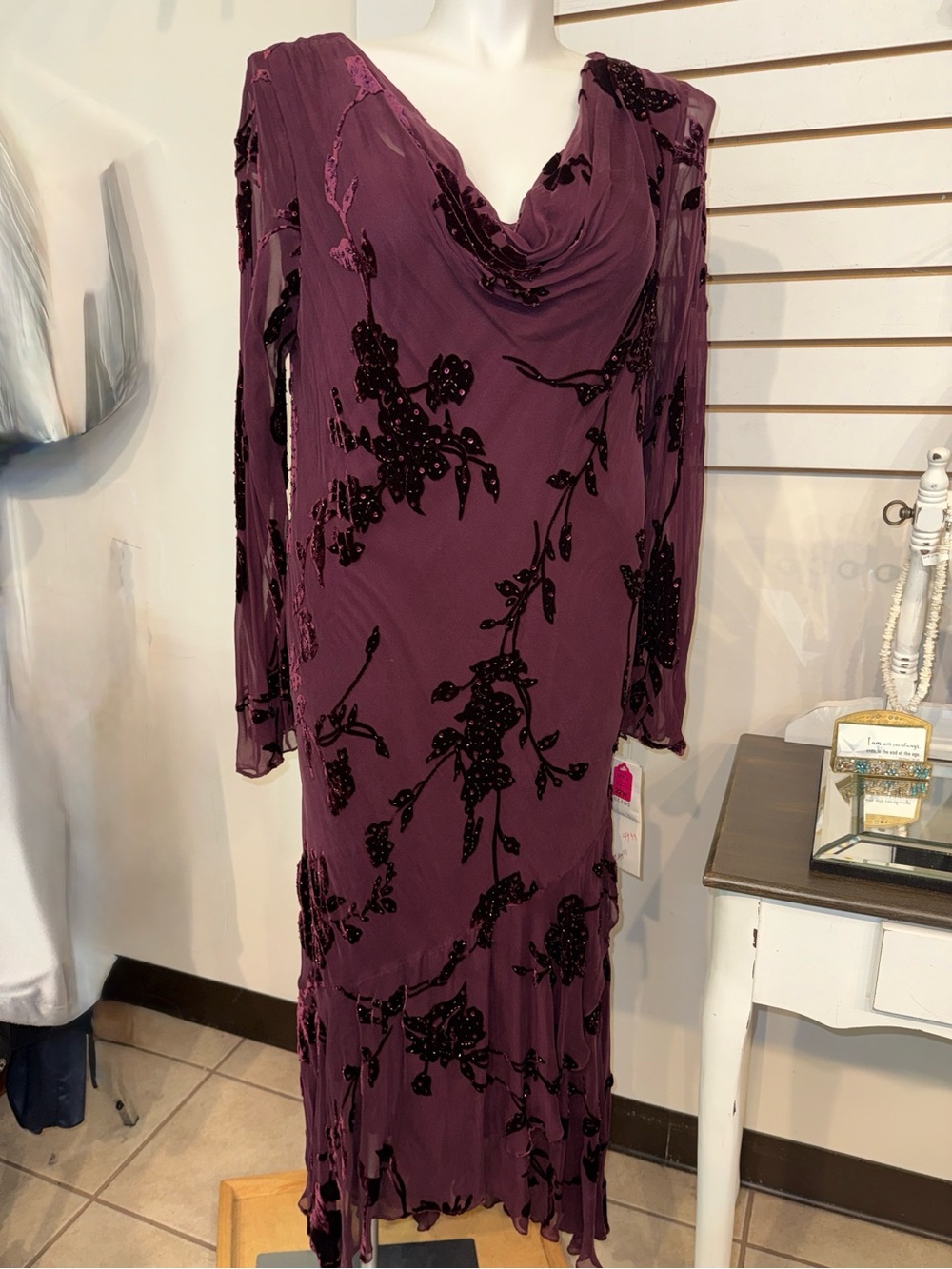 Alex Evenings Plum Long Sleeve Beaded Cowl Neck Dress